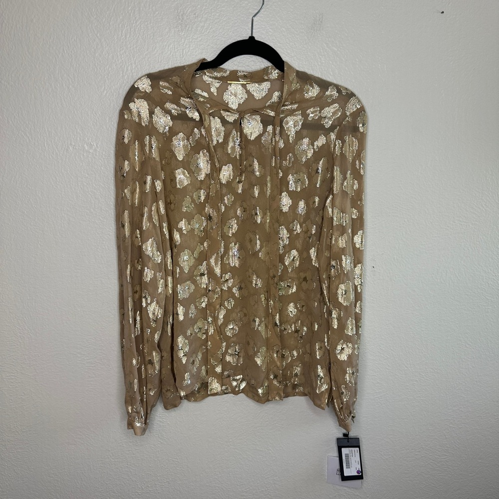 Saint Laurent Lamé Flowers Silk Blouse Gold Metallic Tie Neck Size 36 NWT - Picture 4 of 9